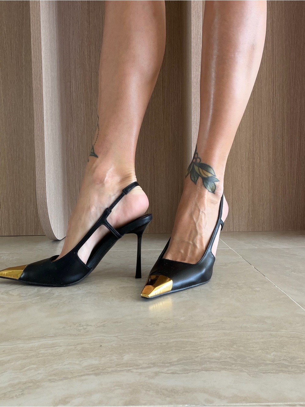 Black Slingback Pumps with Gold Toe Accent - Women's Dress Heels